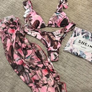 SHEIN Pink and Brown Leafy Bikini Set